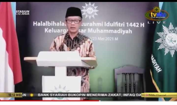 Haedar Nashir dalam acara Halal bi Halal dan Silaturahmi Idul Fitri 1442 H Keluarga Besar Muhammadiyah (Tangkapan Layar Nely Izzatul/PWMU.CO)