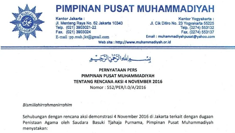 6 Sikap Muhammadiyah Tanggapi Rencana Demo 4 November