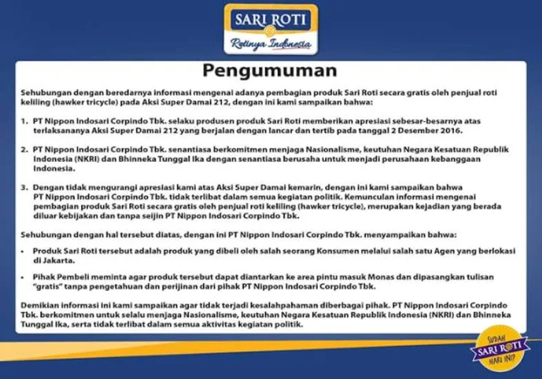 Sari Roti Hapus Pengumuman Resmi tentang Aksi 212 dari Situs Resminya