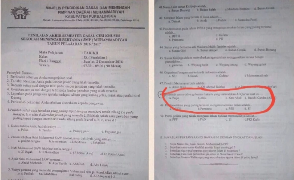Kasus Ahok Jadi Soal Ujian di Sekolah Muhammadiyah: Off Side, Muhammadiyah Berikan Teguran Keras
