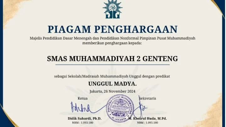 Piagam Sekolah Unggul Terbit, SMA Muha Genteng Segera Bangkit