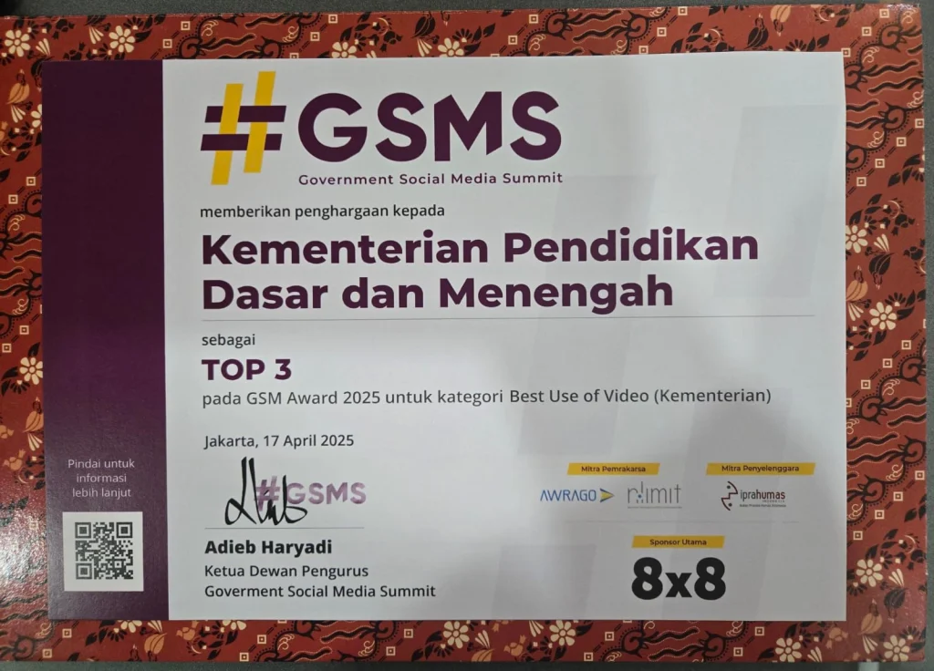 Kemendikdasmen Raih Penghargaan GSM Award 2025 Kategori Best Use of Video Kementerian
