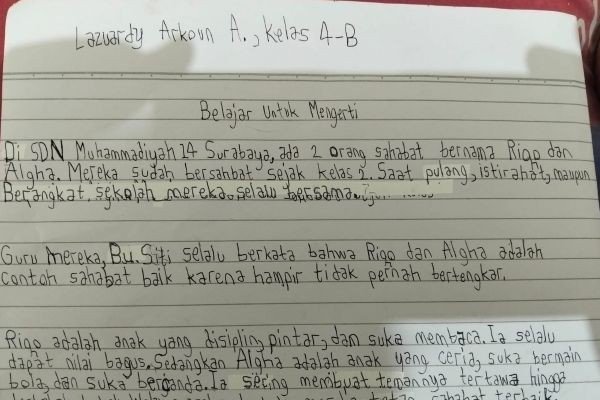 Karya Lazuardy Arkoun Abqaraya yang berjudul “Belajar untuk Mengerti”, juara 2 menulis cerpen (Foto: istimewa)
