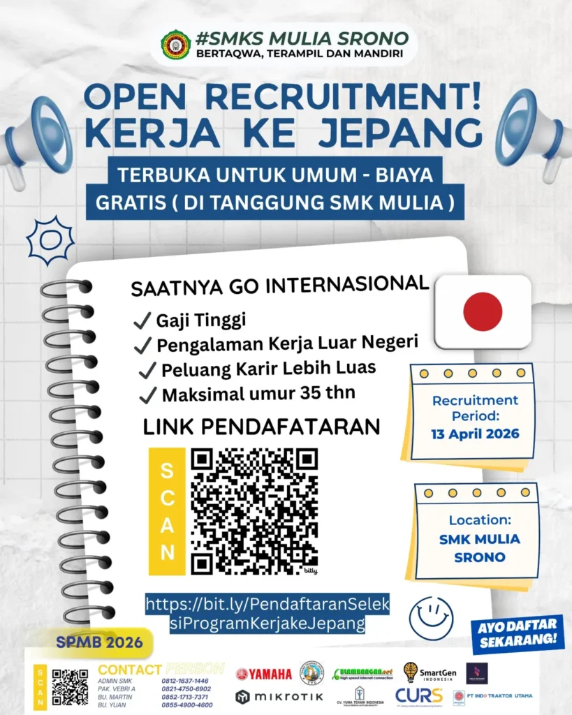 SMK Mulia Srono Buka Rekrutmen Kerja ke Jepang, Seleksi 13 April 2026
