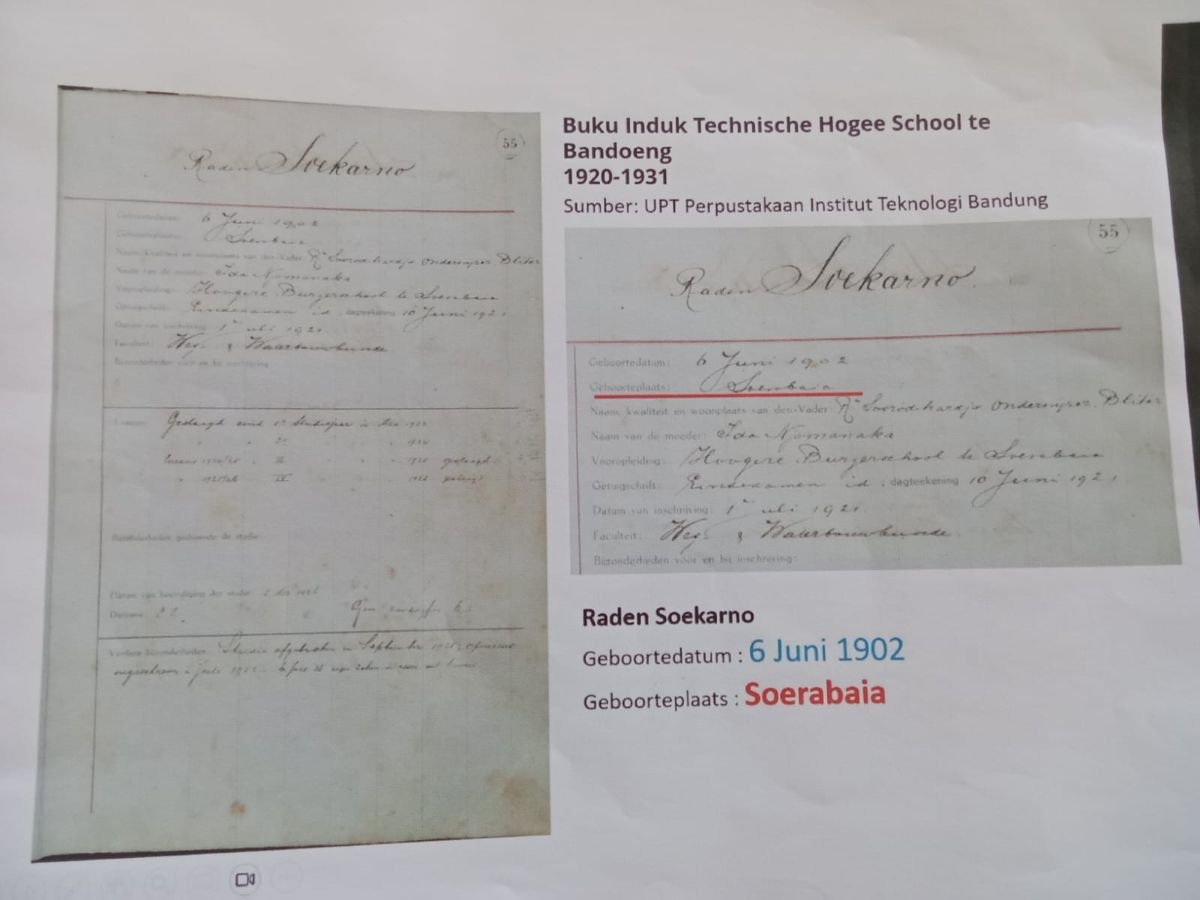 Dokumen Buku Induk Mahasiswa ITB tentang Soekarno, yang kemudian diklaim bahwa dia lahir di Ploso Jombang (Foto: dok/PWMU.CO)