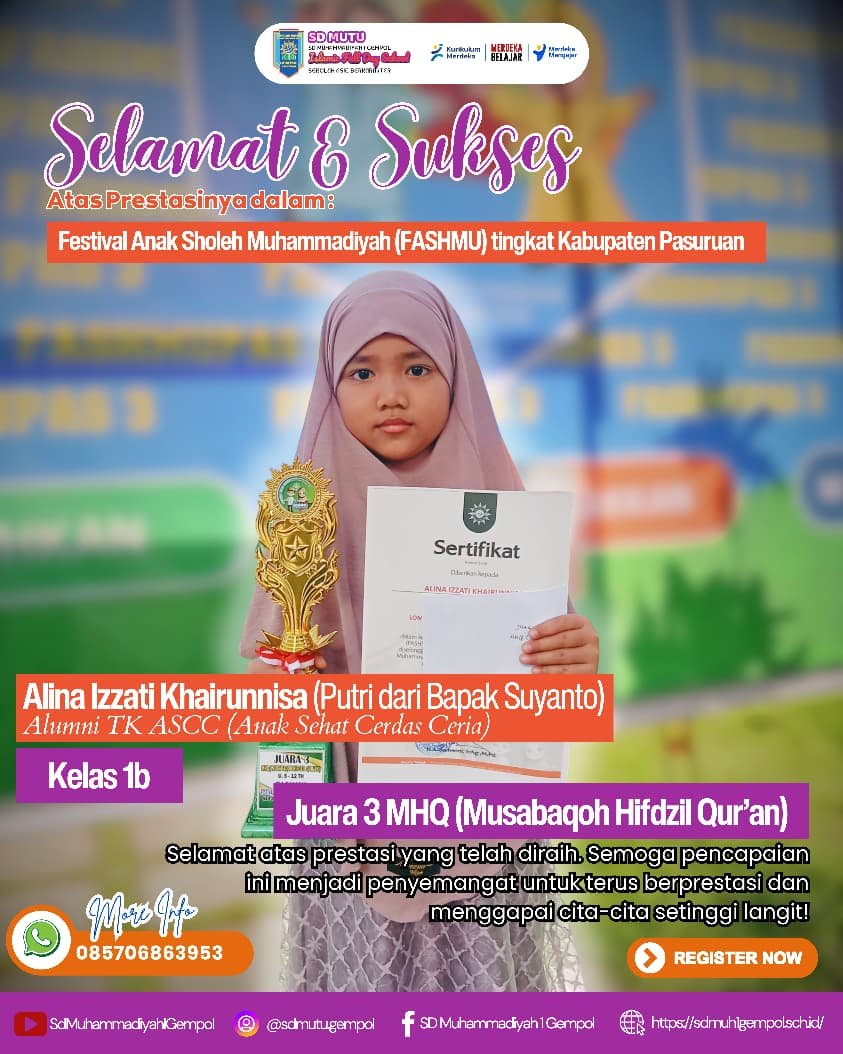 Siswi Kelas 1 SD Muhammadiyah 1 Gempol Raih Juara 3 MHQ FASHMU Kabupaten Pasuruan